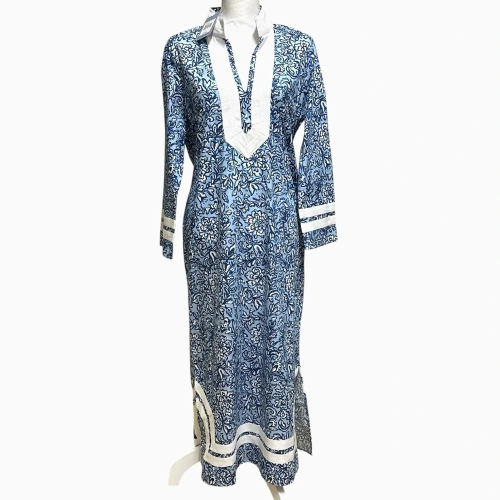 NWT SAIL TO SABLE 100% Cotton Blue & White Tunic Midi Kaftan Dress Size L - Picture 2 of 16